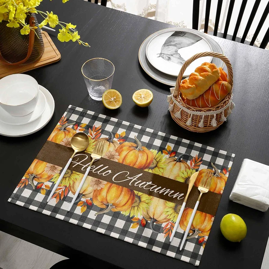 Thanksgiving Flower Placemats Set of 6 for Kitchen - Orange Sunflower Pumpkin Heat Resistant Washable Fold Table Place Mats - Rusti Buffalo Plaid Abstract Art Plate Mat Dining Table Decor