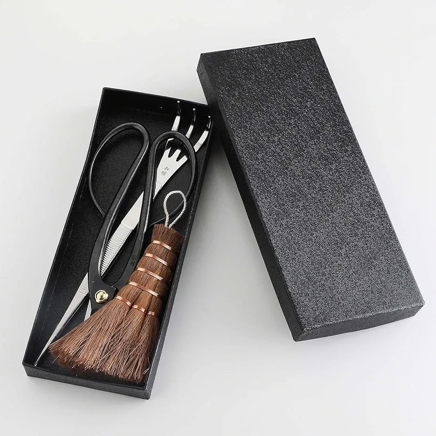 Wazakura Japanese Bonsai Garden 3PCS Tool Starter Kit, Made in Japan, Ashinaga Bonsai Scissors, Stainless Tweezers with Rake, Chinese Broom. Beginner Set with Shears, Tweezers and Soil Brush
