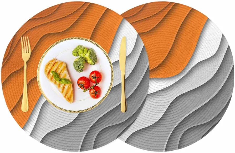 Orange Gray Ombre Round Placemats Set of 2, Washable Non-Slip Table Mats for Dining Table Home Decoration, Woven Heat-Resistant Place Mats for Kitchen Tables, Gradual Color