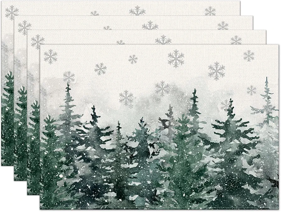 Christmas Placemats Set of 4, 12x18 Inch Pine Trees with Snowflake Heat-Resistant Place Mats, Seasonal Winter Table Decors for Farmhouse Kitchen Dining Xmas Holiday Party