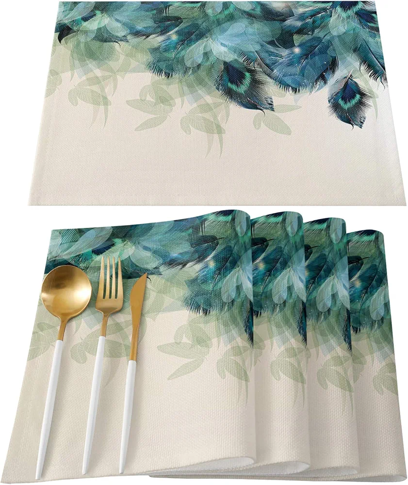 Placemats Set of 4 Dinner Cotton Linen Burlap Heat Resistant Table Mats Beautiful Peacock Feathers Teal Green Blue Washable Placemat for Banquet Kitchen Dining Table Decor 13 x 19 Inch