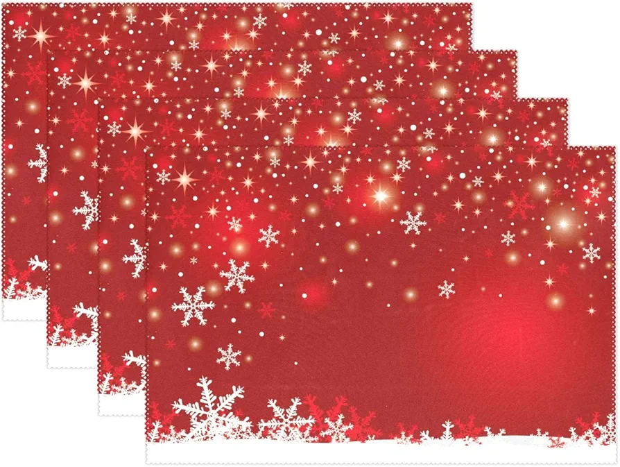 Christmas White Snowflake On Red Background Placemats Set of 6 Table Mat, Table mats Placemats Heat-resistant Stain Resistant Washable for Kitchen Dining Decoration 12" x 18"