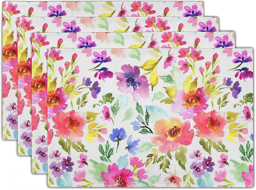 Spring Summer Placemats Set of 4 Washable Non-Slip Heat Resistant 12×18 Inch Spring Floral Watercolor Multicolor Thick Place Mats Decorative Linen Fabric Table Mat for Dining Table Kitchen Home Decor