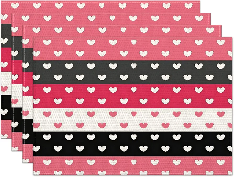 Valentine's Day Placemats Set of 4, 12x18 Inch Love Hearts with Colorful Stripes Heat-Resistant Table Mats Anniversary Wedding Table Decors for Farmhouse Kitchen Dining Party