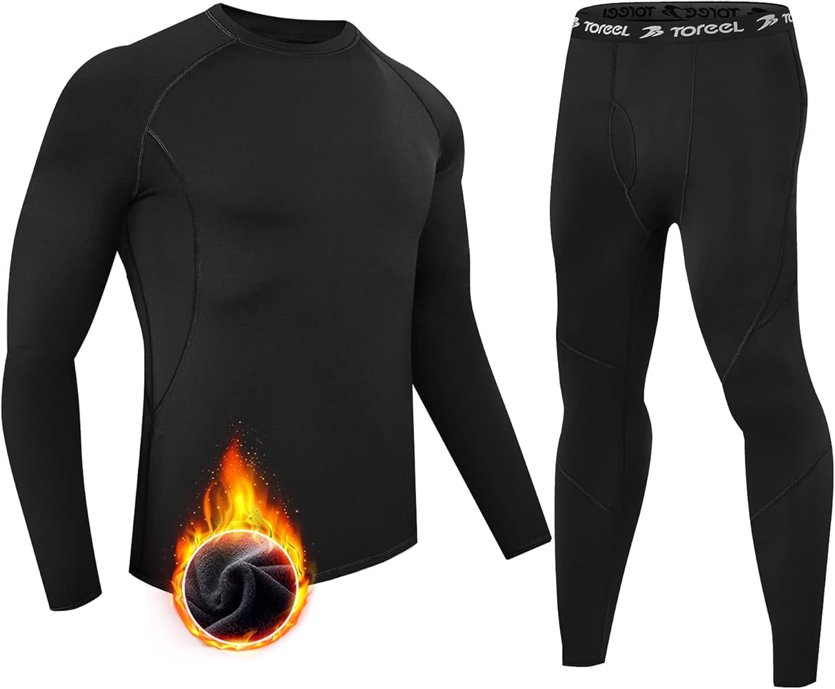 TOREEL Long Johns for Men Thermal Underwear for Men Fleece Lined Hunting Gear Mens Thermals Top and Bottom Set Black