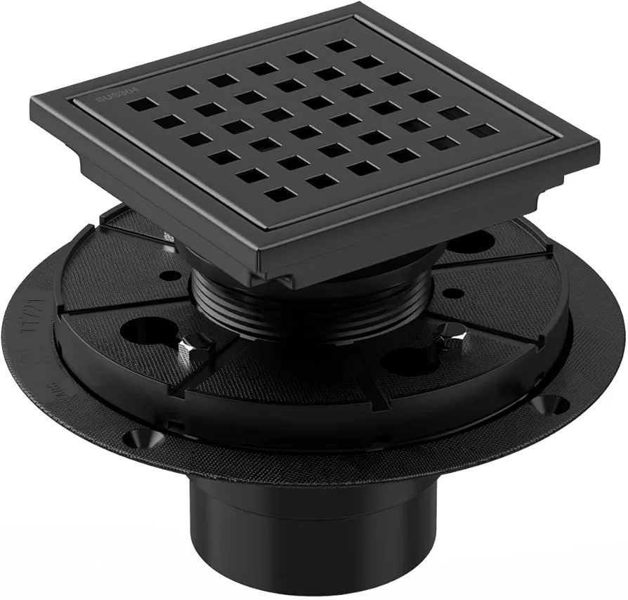 Black Shower Drain 4 Inch with Flange CUPC Certified- Made of 304 Stainless Steel, Square Shower Drain Includes Removable Cover Grid Grate,Thread Adapter, Shower Drain