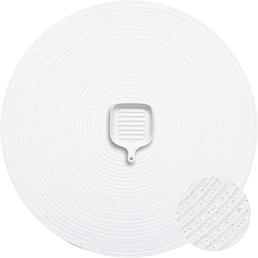 AHHFSMEI Round Braided Placemats Set of 6 Round Table Mats for Dining Tables Natural Woven Heat Resistant Place mats 15 Inch(White Silver)