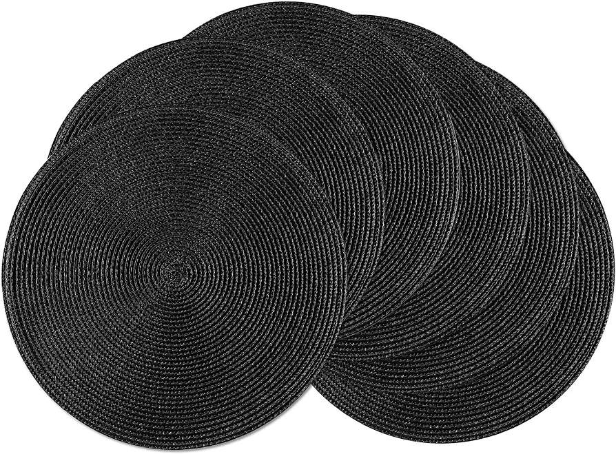 Leetaltree Round Placemats Set of 6 - Washable Woven Non-Slip Round Table Mats,15-Inch Heat Resistant Table Placemats,Black