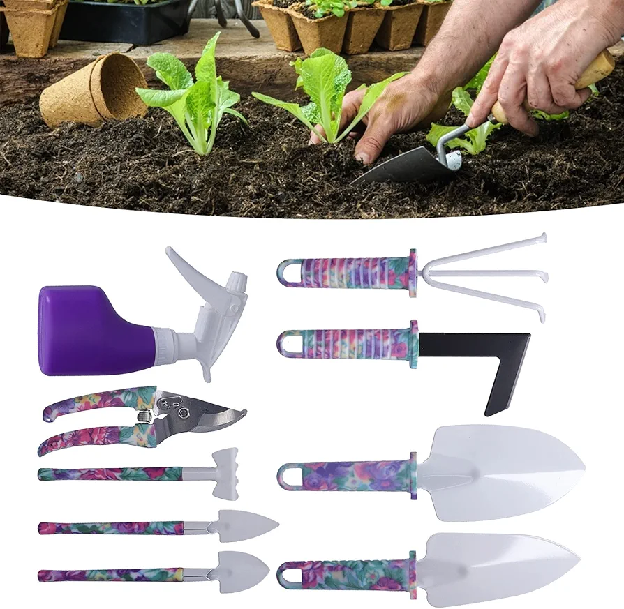 9Pcs Gardening Bonsai Tool Kit Tree Pruning Tools Purple Printing Pruning Tool Set for Outdoor Indoor Garden