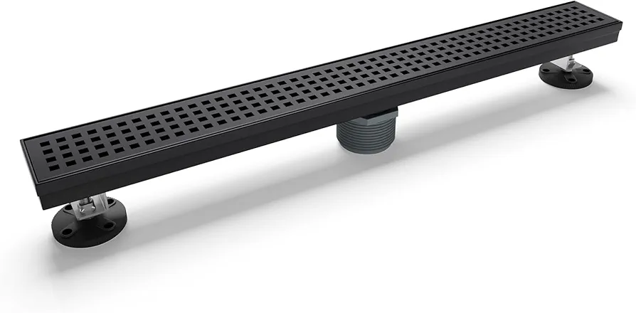 24 Inch Linear Shower Drain with Removable Grate, Matte Black Shower Drain with Accessories, CUPC Certified Stainless Steel Rectangle Floor Drain Hair Catcher with Leveling Feet