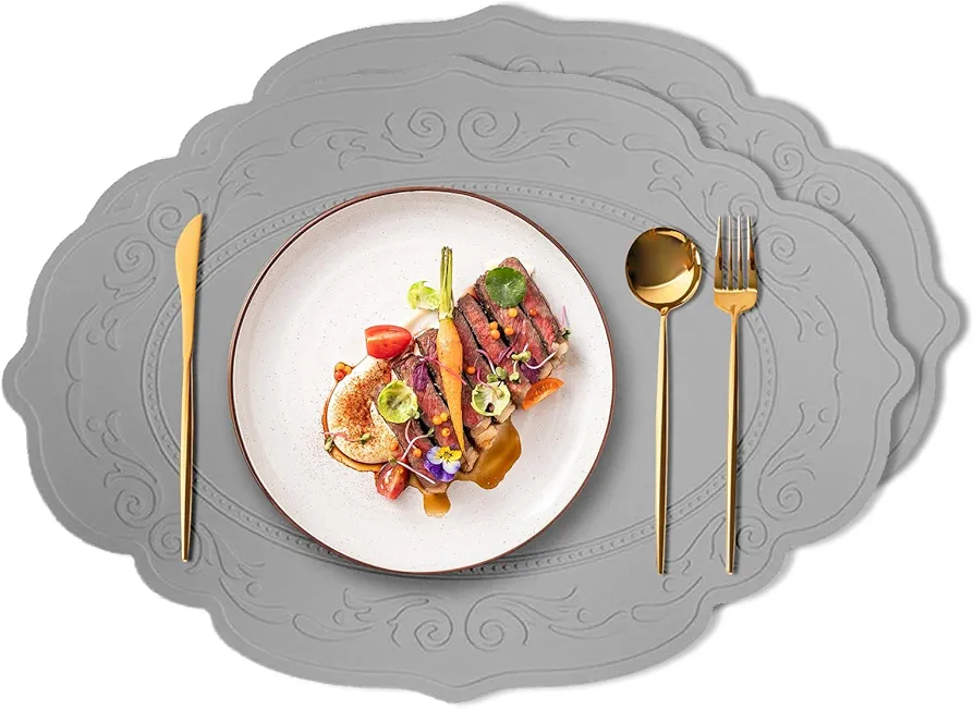 Silicone Placemats Set of 2, Oval Heat Resistant Placemats, Non-Slip Table Mat, Waterproof Silicone Placemat,Outdoor Placemats, Easy to Clean Table Protectors by Siliconty(2, Light Gray)