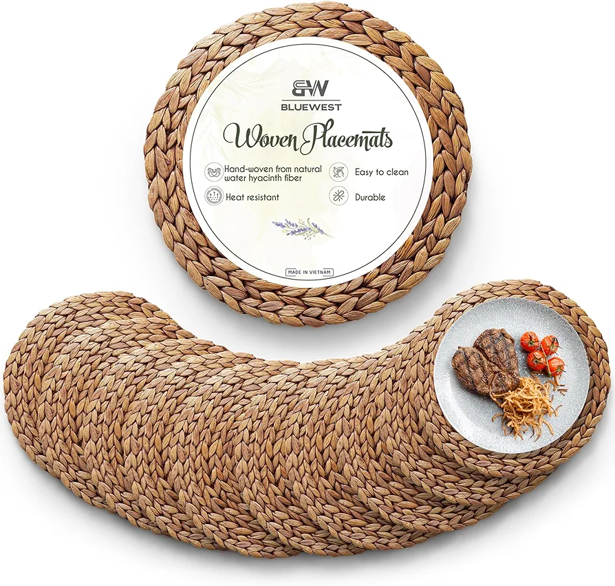 (Sizes:11.8"-13.5''-15") BLUEWEST Woven Placemats (Set of 10), Round Placemats Rattan Placemats, Wicker Water Hyacinth Placemats, Braided Placemat Set, Heat Resistant/Durable for Plate (11.8'',Set 10)