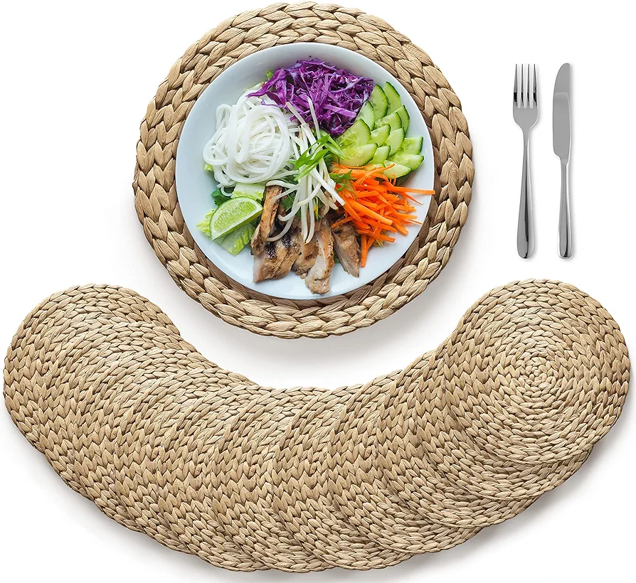 (Sizes:12"-13''-14''-15'') BLUEWEST Woven Placemats (Set of 10) Round Placemats Rattan Placemats, 13.5'' Wicker Water Hyacinth Placemats, Round Braided Placemat Set, Heat Resistant/Anti-Slip for Plate
