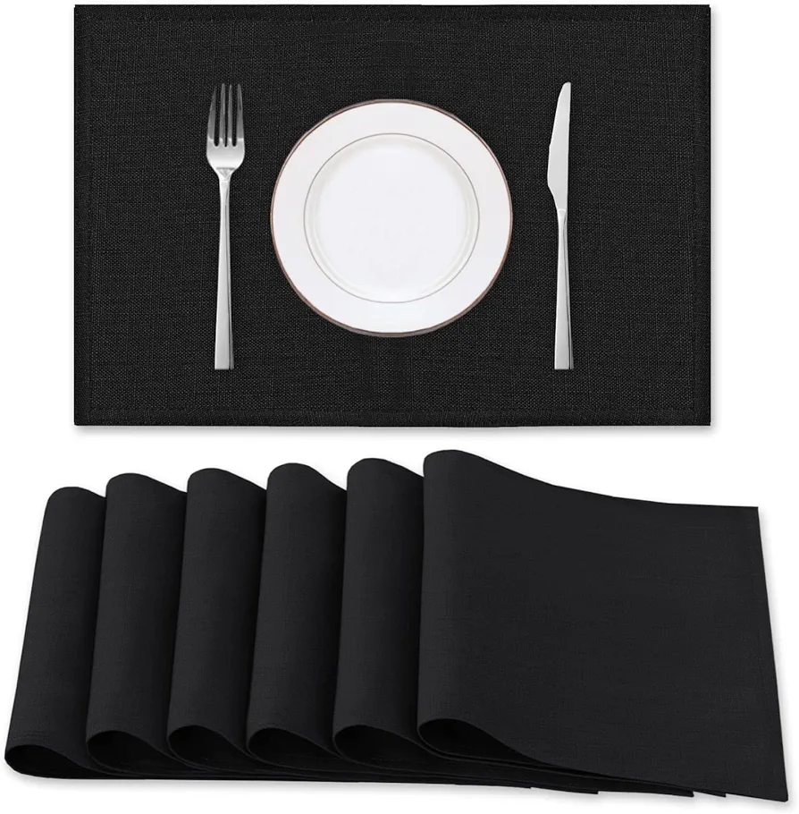 H.VERSAILTEX Linen Placemats Set of 6 Premium Solid Table Placemats for Dining Table Spill-Proof Waterproof Table Mats Heat-Resistant Kitchen Table Mats Washable, 12x18 inches, Black