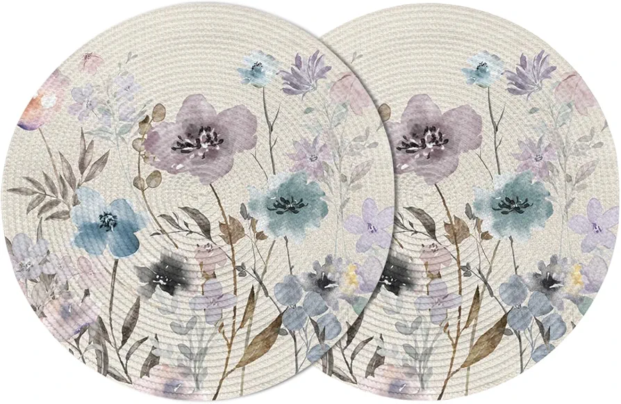 Set of 2 Round Woven Placemats 15 Inch Washable Non-Slip Place Mats, Watercolor Flowers Floral Leaves Vintage Heat Resistant Table Mats Decorative for Kitchen Dining Table