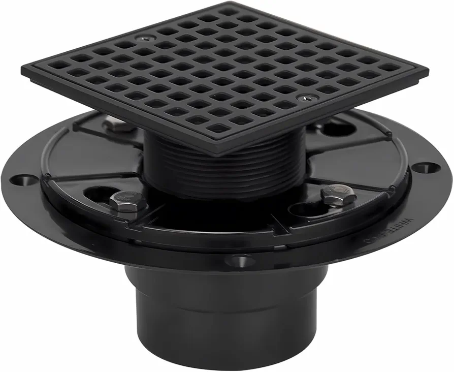 4 1/4 Inch Square Shower Drain with ABS Flange Fit 2 and 3 Inch Pipe - Low Profile 304 Stainless Steel Shower Floor Drain Kit with Hair Carcher - Matte Black Strainer for Bathroom,Garage,Laundry Room
