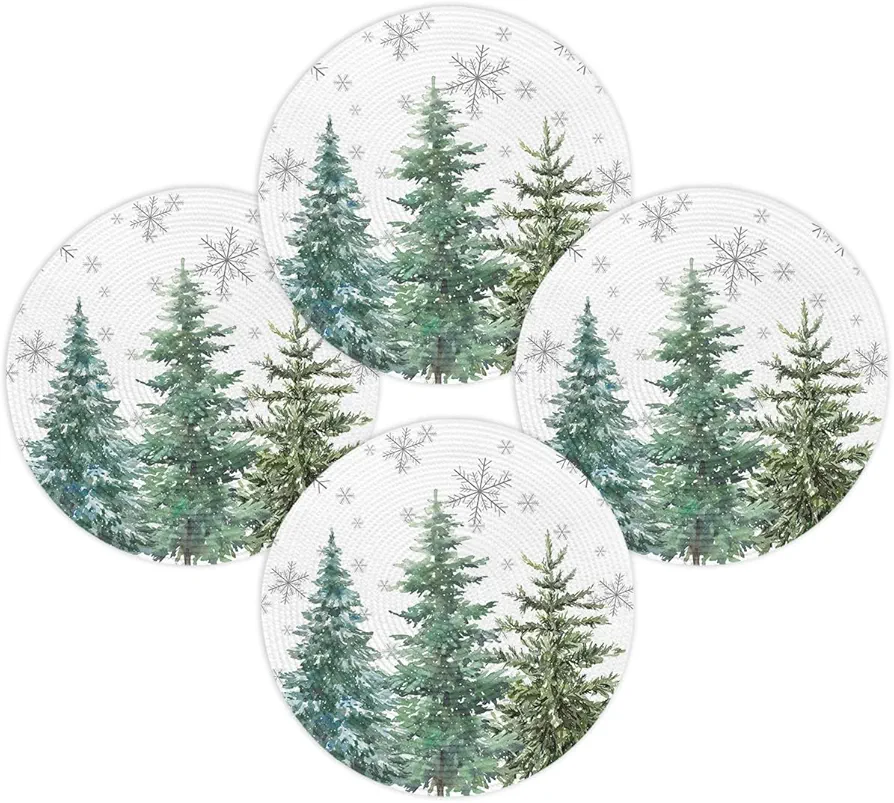 Christmas Round Placemats Set of 4 Green Pine Tree Place Mats Washable Woven Placemat Gray Snowflake Circle Braided Heat Resistant Table Mat for Kitchen Dining Table Holiday Party Xmas Decor 15 Inch