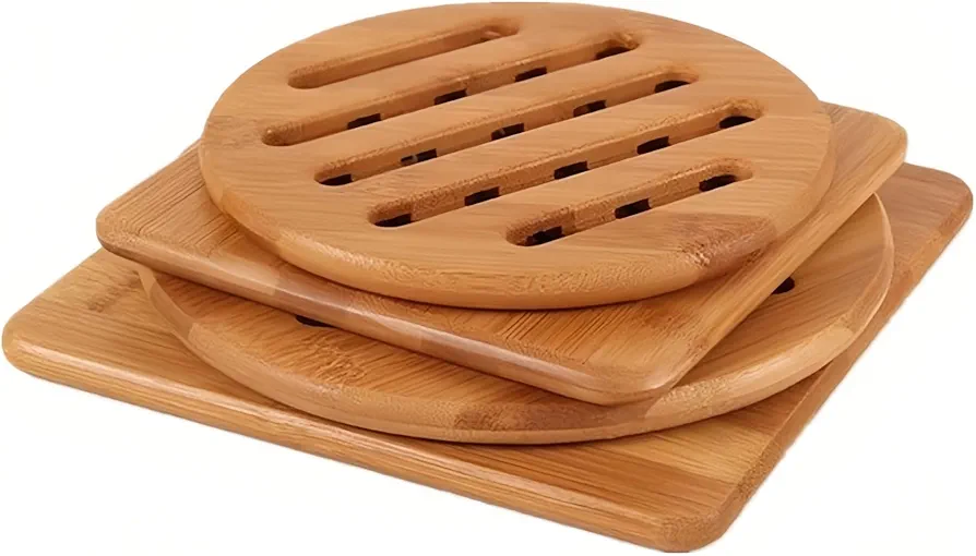 Hot Pads Trivet,Table Solid Bamboo Wood Trivets for Hot Dishes and Pot with Non-Slip Pads Heat Resistant Pads Teapot Trivet 4pcs(Multi Size,2 Square 2 Round)