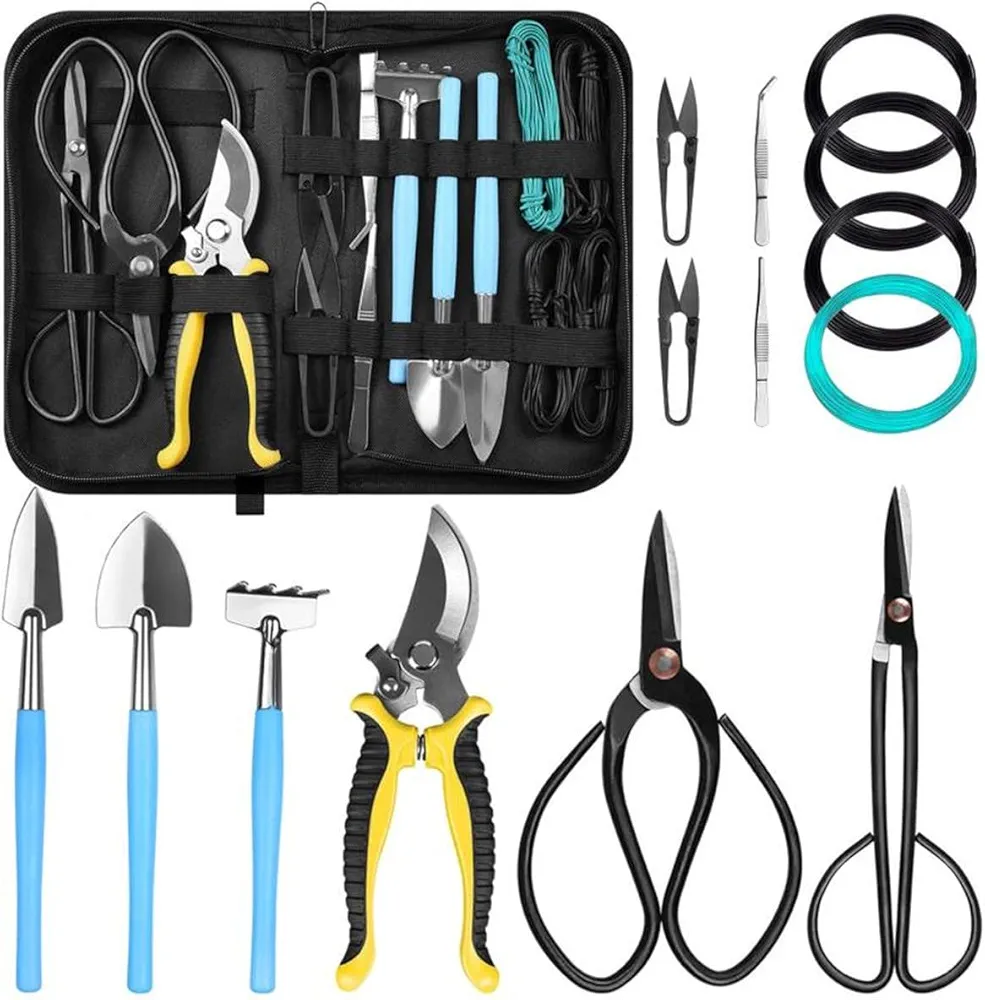 Bonsai Tools Set, 14 PCS Gardening Trimming Tools Set Bonsai Tree Succulent Tool Kit Include Pruning Shears, Scissors, Shovels, Rake in PU Leather Bag for Beginners