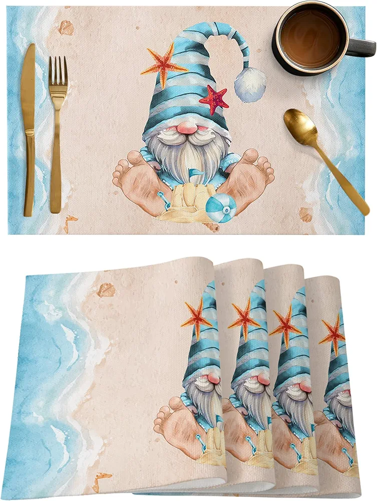 Placemats, Summer Beach Gnome Starfish Sea Shell Ball,Reusable Dining Table Placemats Rectangle Heat Resistant Table Mats for Parties,Weddings,Set of 4, 13"x19"