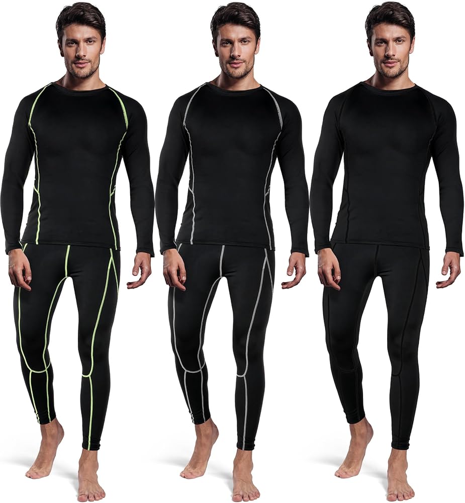 Suhine 3 Pcs Men's Thermal Underwear Set Sport Winter Base Layer with Fleece Lined Base Layer Bottom Top Winter Shirt Pants