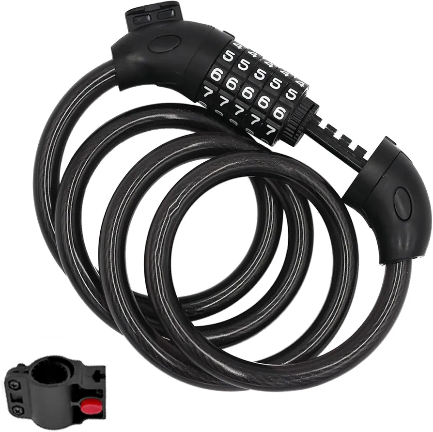 Bike Cable Lock，4 Feet Combination Bicycle Lock，High Security 5 Digit Resettable Combination Coiling Bicycle Lock with Complimentary Mounting Bracket