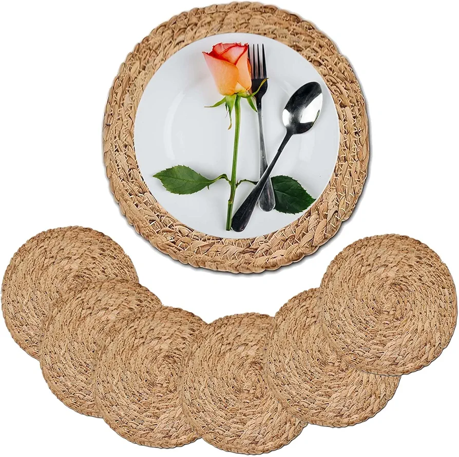 Round Woven Placemats Set of 6,12 inch Round Braided Placemats, Natural Water Hyacinth Placemats,Boho Rattan Wicker Placemats,Farmhouse Weave Place Mats, Heat Resistant Table Mats
