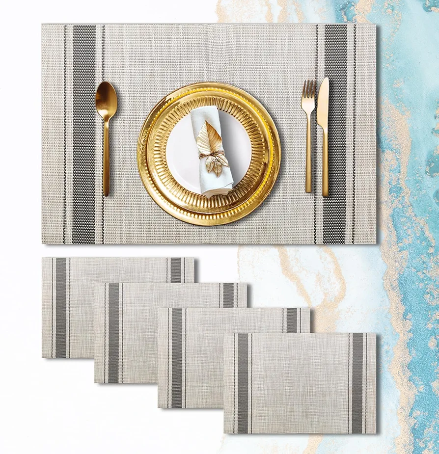 Placemats Set of 4 Vinyl Washable Gray Placemats, 18"x12" Wipeable Heat-Resistant Non-Slip Easy Clean Table Mats Ideal for Dining Table Table Runner and Outdoor(4, Grey Wide Stripe)