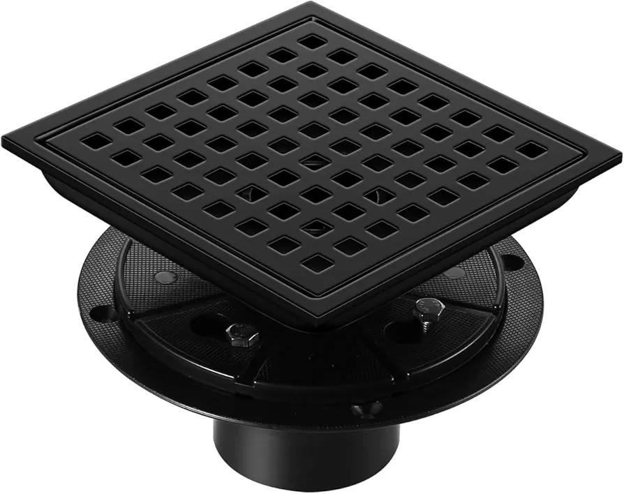 Shower Drain, Matte Black 6 inch Square Shower Floor Drain with Flange, Removeable Grid Panel SUS 304 Stainless Steel Square Shower Drain