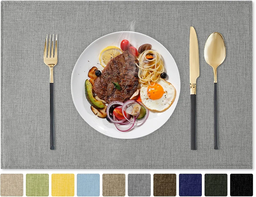 Romanstile Cloth Placemats Set of 6-12 x 18 Inch, Heat Resistant Double Layered Thickened Burlap Place Mats, Washable Faux Linen Farmhouse Table Mats for Kitchen/Dining/Party/Outdoor, Grey