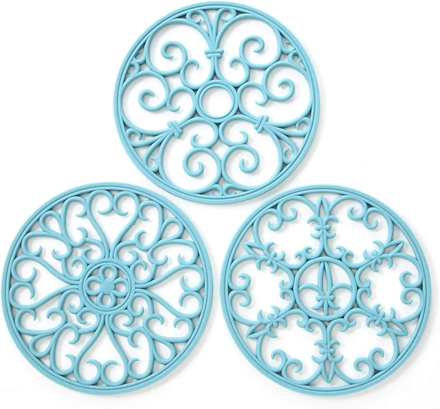 Silicone Trivet Mat - Non-Slip & Heat Resistant Kitchen Hot Pads for Countertops & Table - Kitchen Trivets for Hot Dishes & Cookware - Hot Pot Holder for Pots & Pans - Turquoise,Set of 3