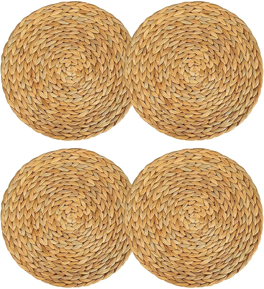 4 Pack Woven Placemats Round, 10 Inch Natural Braided Placemat Set No-Slip Heat Resistant Handmade Straw Weave Mats for Table, Coasters, Pots
