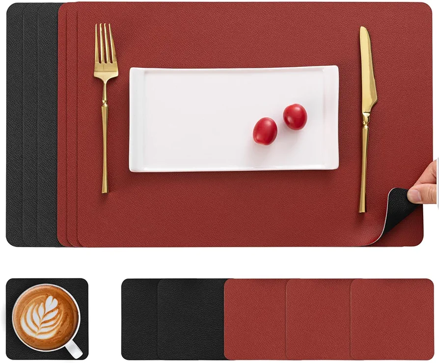 Myir JUN Placemats and Coasters, Placemats Set of 6 Faux Leather Placemats and Coasters Dual Sided Table Mats Stain Resistant Placemats for Dining Table (Red Black, 6 PCS)