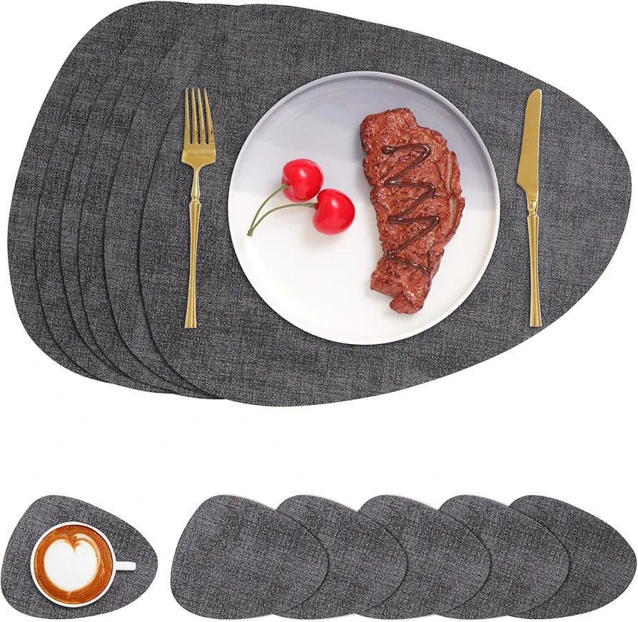 Placemats and Coasters, Washable Reversible Placemats Round Faux Leather Wipeable Place Mats Non Slip Heat Resistant Indoor Outdoor Table Mats (Set of 6, Gray)