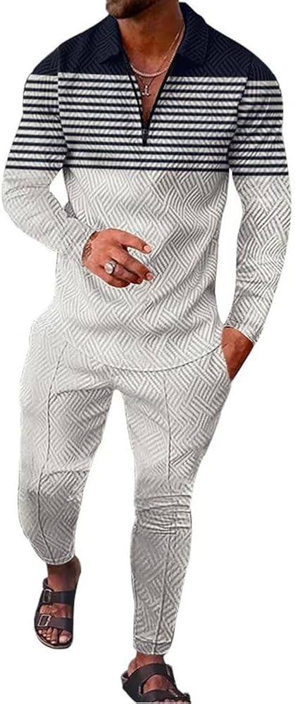 Men's Polo Sweatsuit Sets Long Sleeve 2 Piece Outfit Fashion Jogging TrackSuit Comfy Casual Set for Men