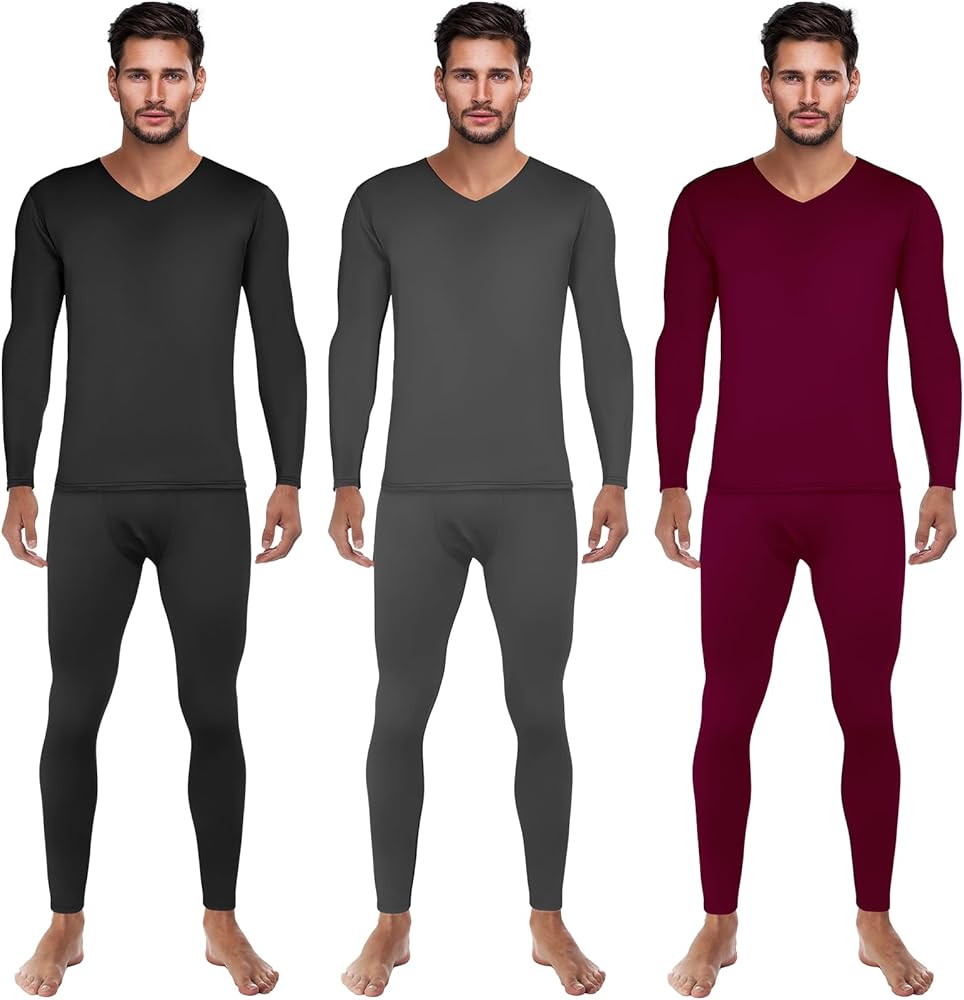 Patelai 3 Set Thermal Underwear for Men Long Underwear Fleece Lined V Neck Winter Warm Base Layers Thermal Top Bottom