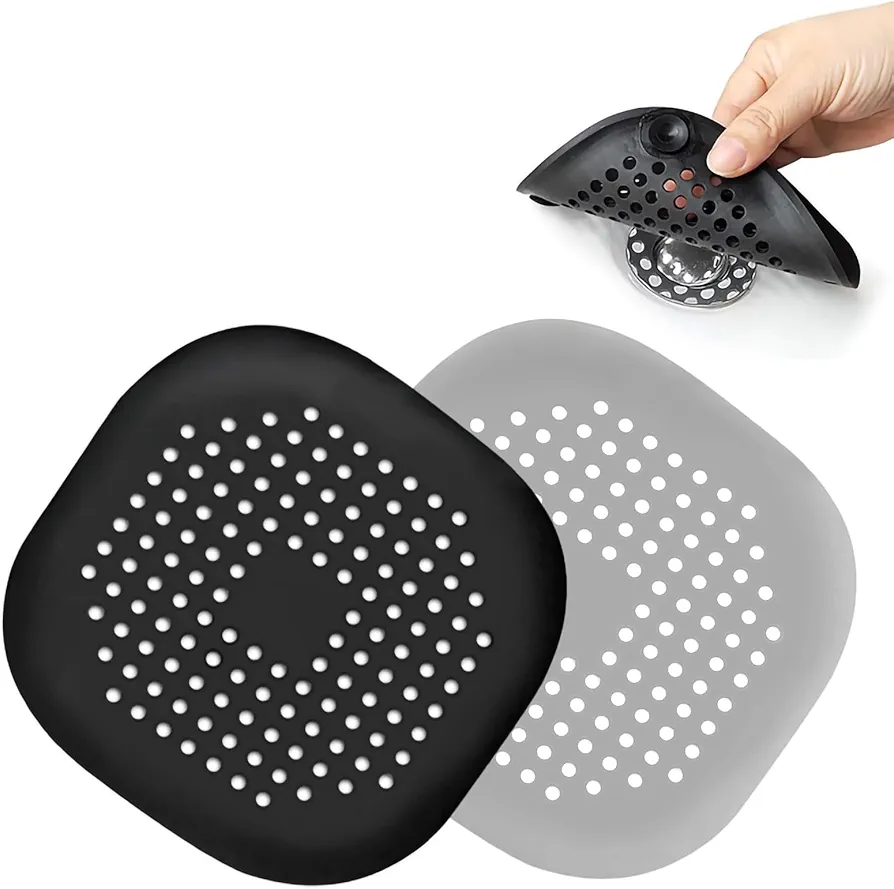 Shower Drain Cover,Square Drain Cover,Silicone Shower Drain Hair Catcher with 4 Suction Cup,Durable and Not Easily De for Tub,Kitchen and Bathroom(Grey+Black) 2 Pack