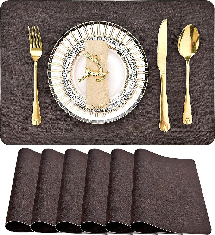 Set of 6 Leather Placemats - Waterproof, Wipeable, Heat Resistant - Anti-Stain, Spill-Proof Dining Table Mats - Elegant Textured Design for Home & Kitchen (6, Dark Brown)