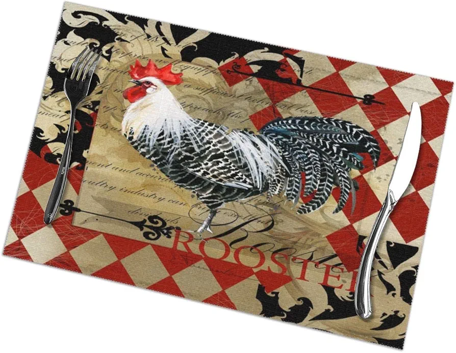 Delerain Rooster Set of 6 Placemats for Dining Table, Snack Drink Heat Insulation Stain Resistant Anti-Skid Washable Table Mats for Dining Kitchen Restaurant Table, 12 X 18 Inch