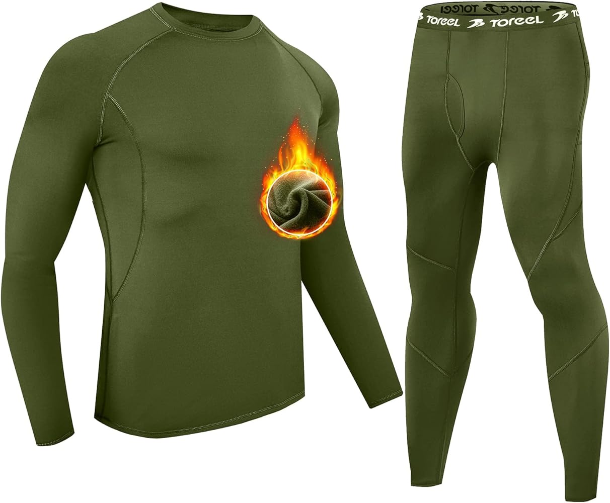 TOREEL Long Johns for Men Thermal Underwear for Men Fleece Lined Hunting Gear Mens Thermals Top and Bottom Set Dark Green
