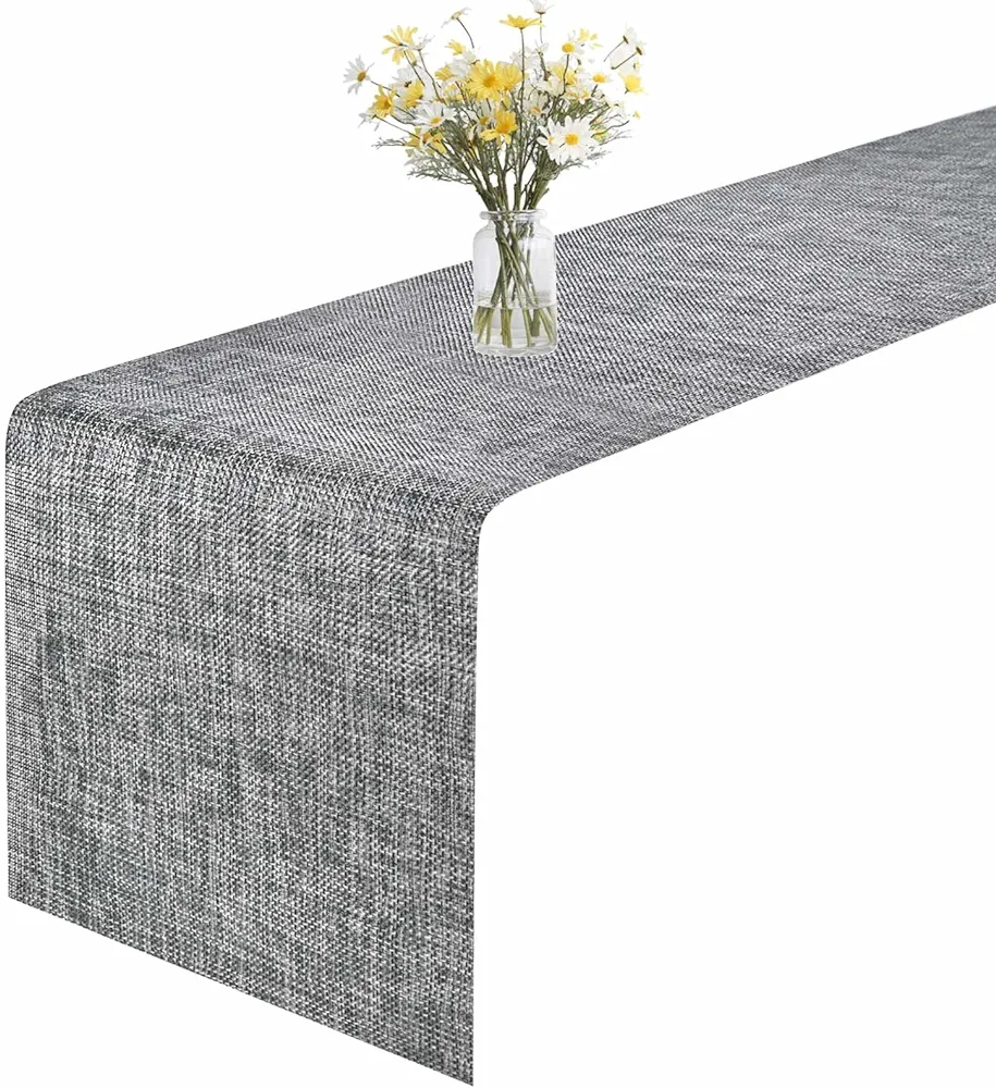 GIVERARE Table Runner, 12x72in Heat-Resistant Woven Vinyl Long Tabletop, Non-Slip Washable PVC Table Runners, Easy to Clean Premium Plastic Dresser Cover for Wedding, Decor, Home (Black+Gray)
