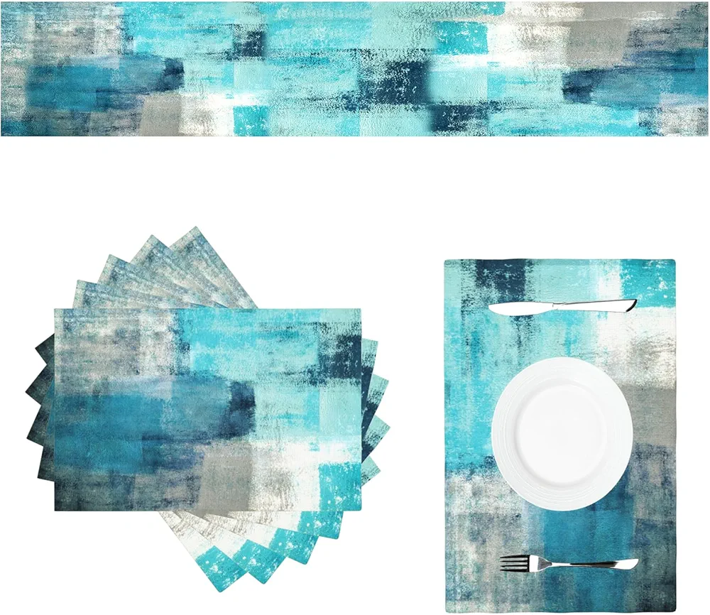 Farmhouse Table Runner and Placemats Set of 6 Washable Heat Resistant Table Mats Teal and Grey Placemat Linen Modern Abstract Painting Art Cloth Place Mats for Kitchen Party Dining Table Decor,13"x72"