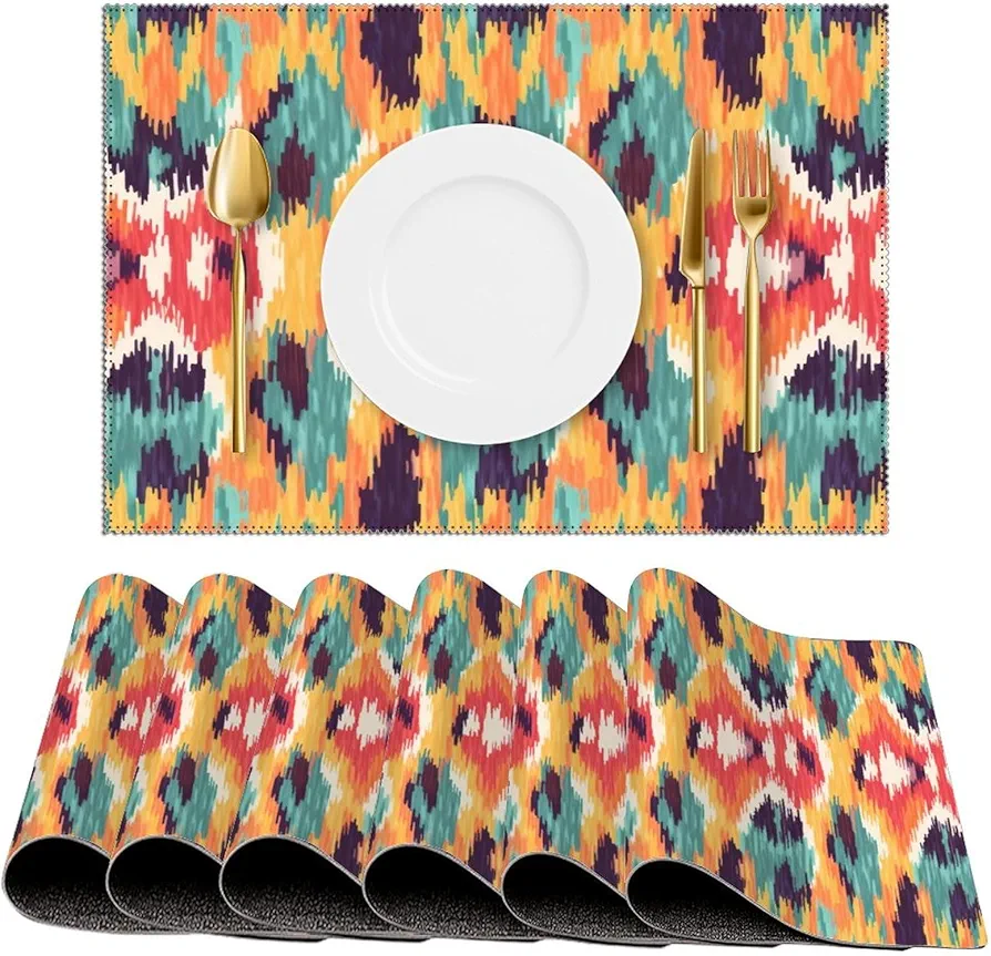 Colorful Ikat and Boho Design Place Mats Set of 6 PCS Placemats for Dinning Coffee Table Kitchen Home Decoration Non-Slip Heat Resistant Table Mats