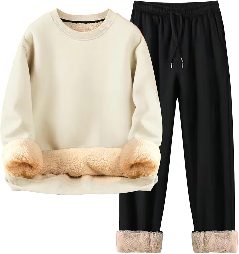 Mens Sweatsuit Sherpa Lined 2 Piece Sweatshirts Set Crewneck Pullovers Fleece Sweatpants Winter Thermal Tracksuits