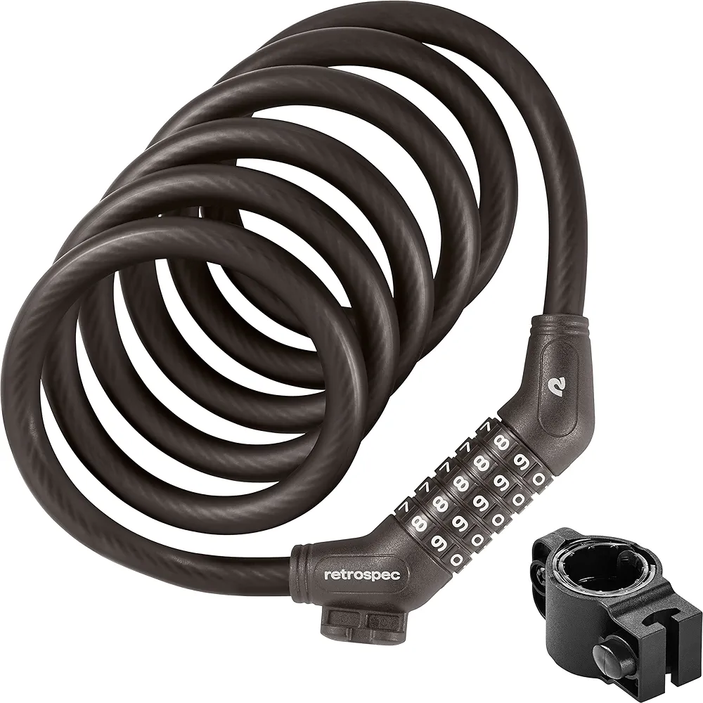 Retrospec Grizzly Plus Cable Bike Combination Lock Combo, Heavy Duty Anti Theft Bicycle Cable Lock, 6 Foot Coiled Cut Resistant Cable with 5 Digit Custom Combination and Mounting Bracket