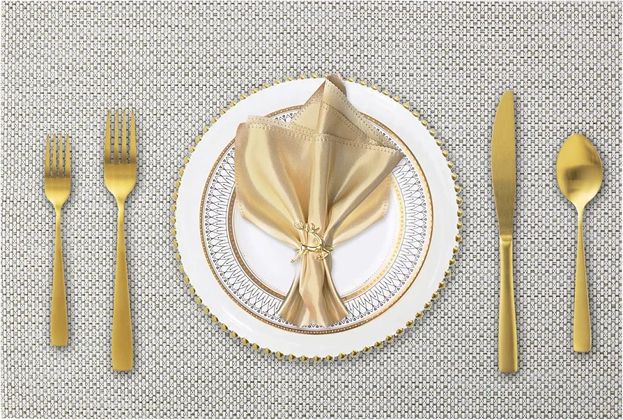Placemats Set of 6 Heat Resistant Placemats for Dining Table Woven Vinyl Place Mats Easy Clean Washable Table Mats 18 x 12 inches (Beige-Gold Shiny Yarn, 6)