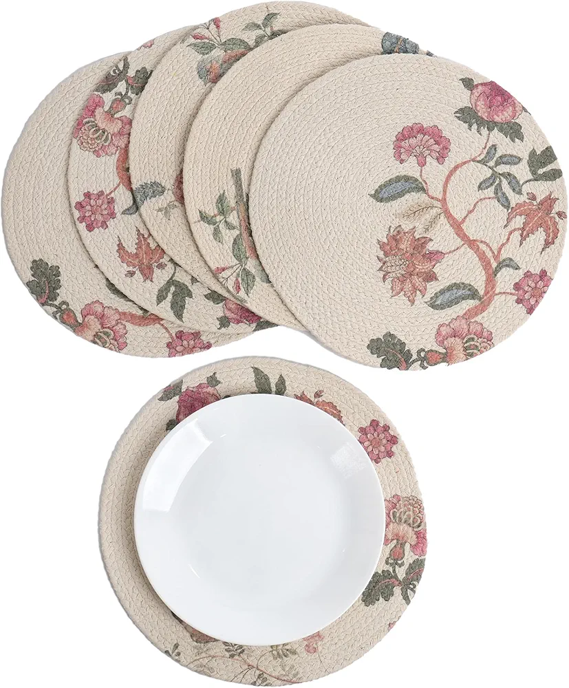 The Fine Living Co. Country Floral Printed Braided Cotton Placemats (Set of 6, 13.5 Inches), Washable Anti-Slip Heat Resistant Mats, Boho Woven Round Table Mats for House Decor, Kitchen and Dining
