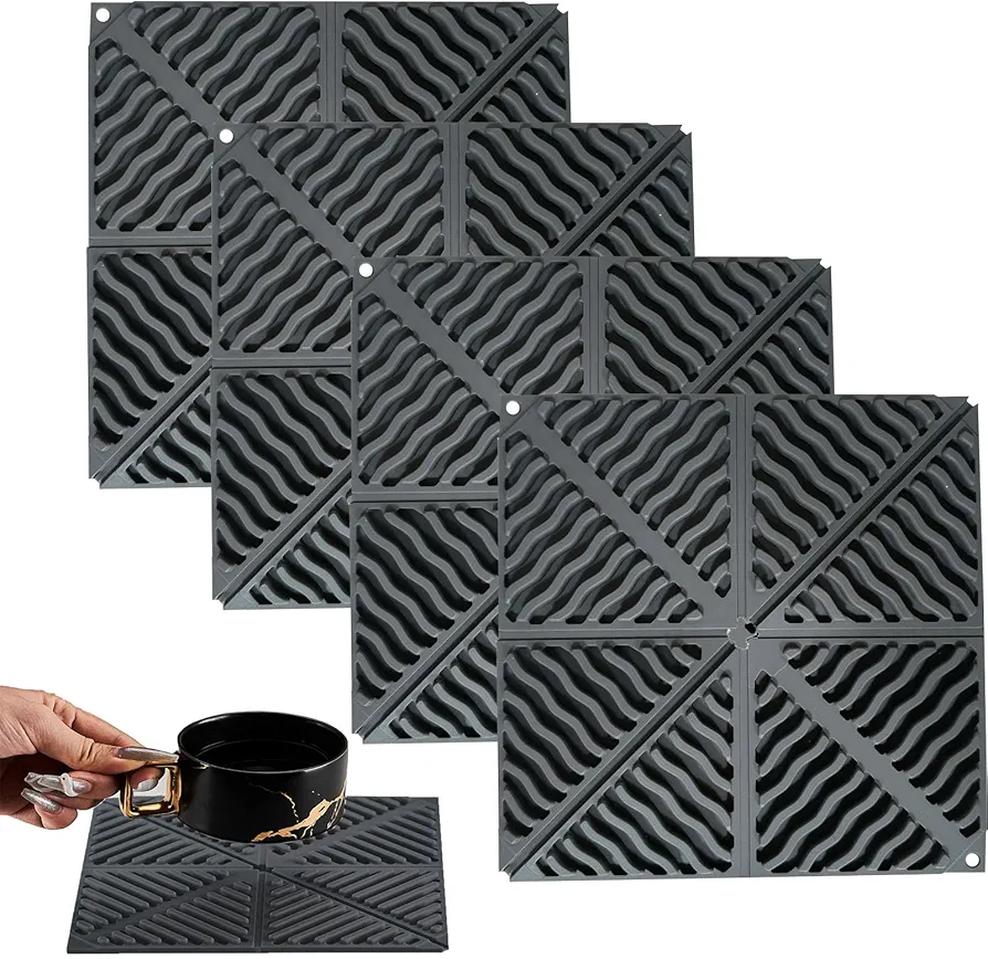 4PCS Silicone Pot Holders, Trivets for Hot Dishes, Silicone Mat 6.5in Foldable Hot Pads for Kitchen Non-Slip Hot pots Cup Coasters, Dark Gray