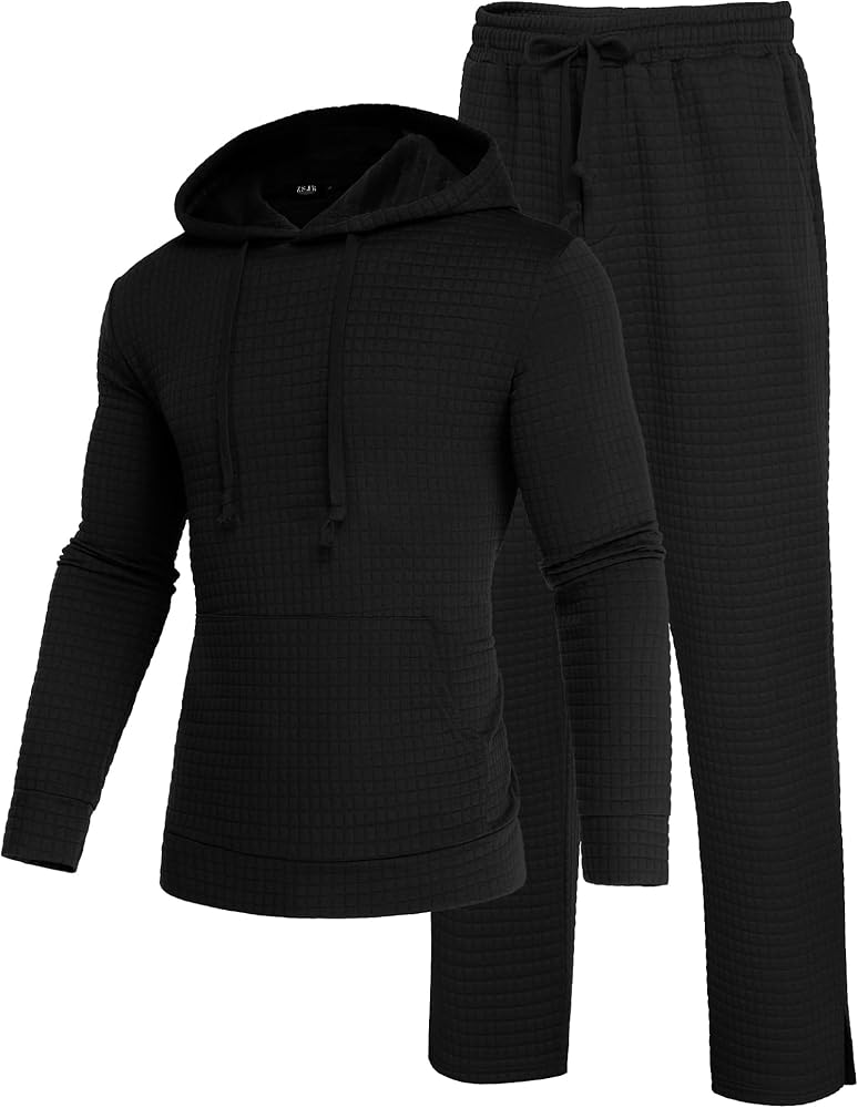 Mens Sweatsuits Sets 2 Piece Outfits Hooded Athletic Tracksuit Regular Fit Plaid Jacquard Jogging Suit Set