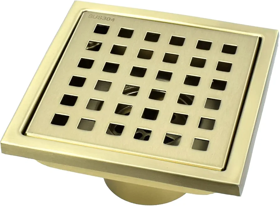 4 inch Square Shower Drain with Removable Cover Grid Grate,SUS 304 Stainless Steel Tile in Floor Drain,Brushed Gold